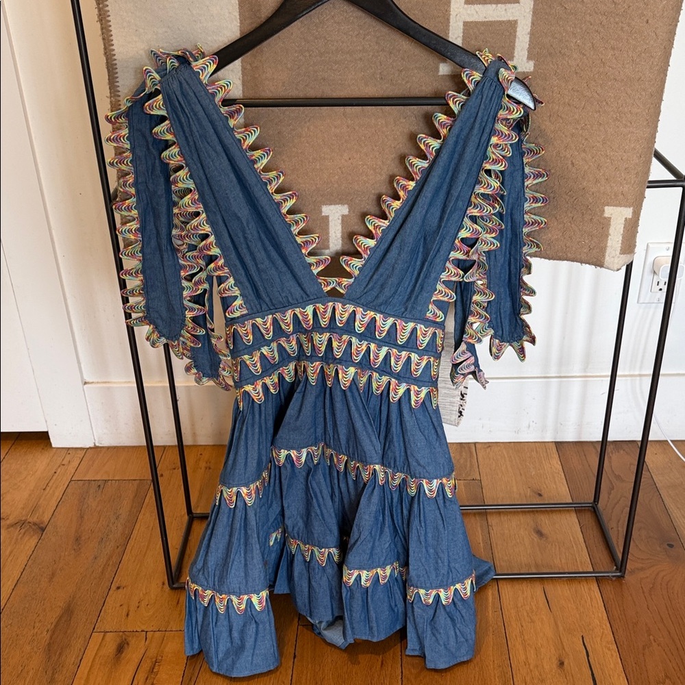 CeliaB Denim Blue Ruffle Mini Dress with Multicolor Trim
